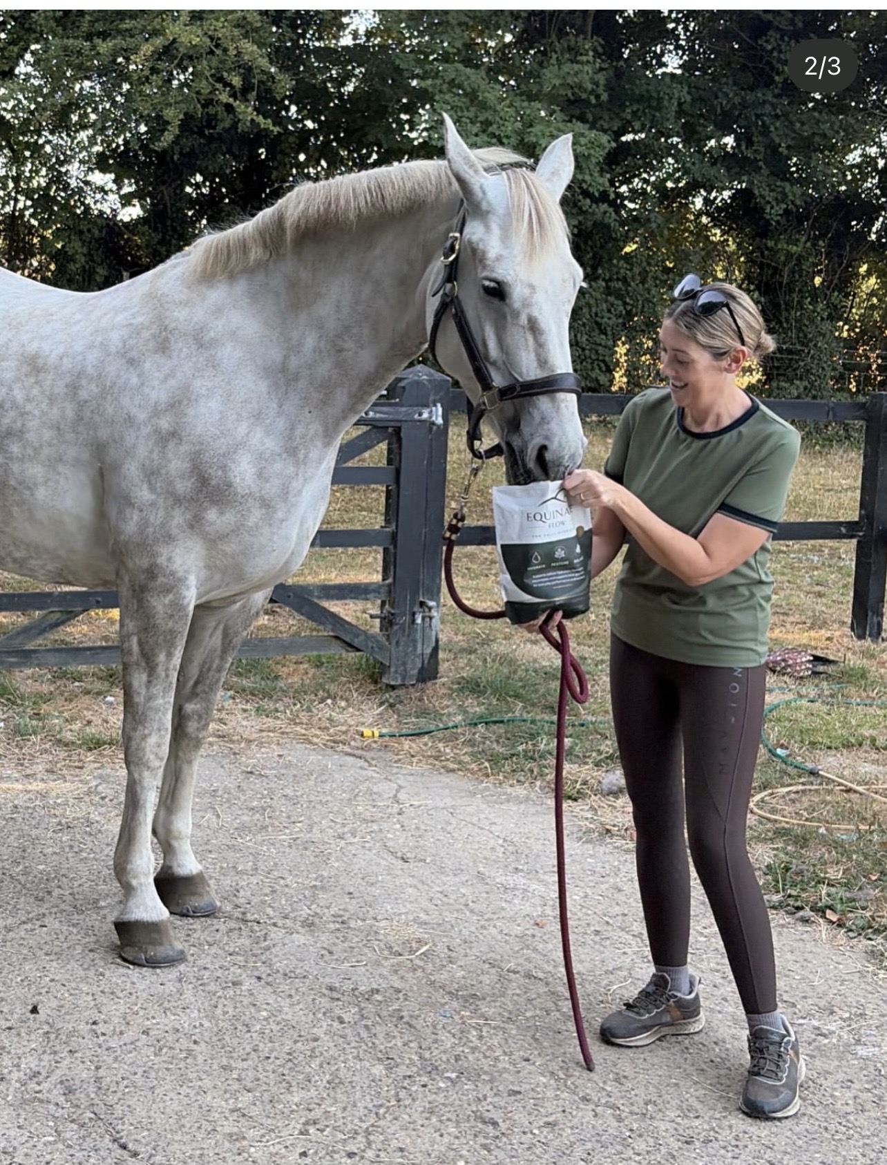 Customer holding an Equinate Flow pouch for her grey horse to sniff